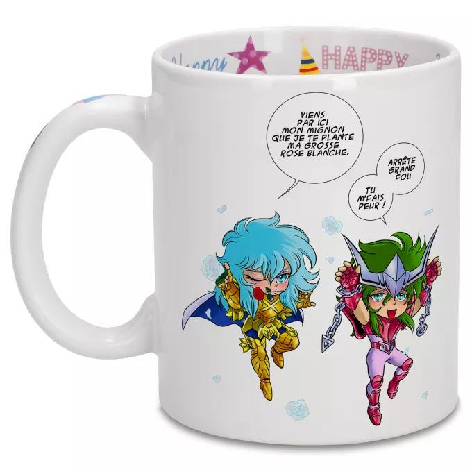 Mugs Anniversaire Parodie Saint Seiya Attends que je t'attrape !! - Shun d'Andromède, Aphrodite chevalier d'or des Poissons