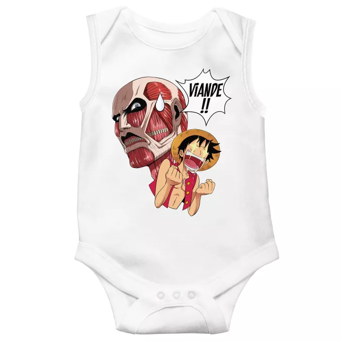 Body bébé sans manches Parodie One Piece Steak Titanesque... - Titan Colossal VS Luffy