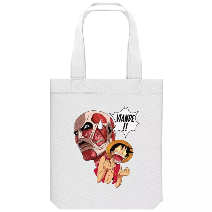 Sac Tote Bag en coton Bio Parodie One Piece Steak Titanesque... - Titan Colossal VS Luffy