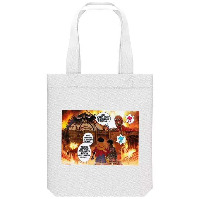 Sac Tote Bag en coton Bio Parodie One Piece Un Combat titanesque... - Luffy Vs Kaido aka Eren, le Titan Colossal
