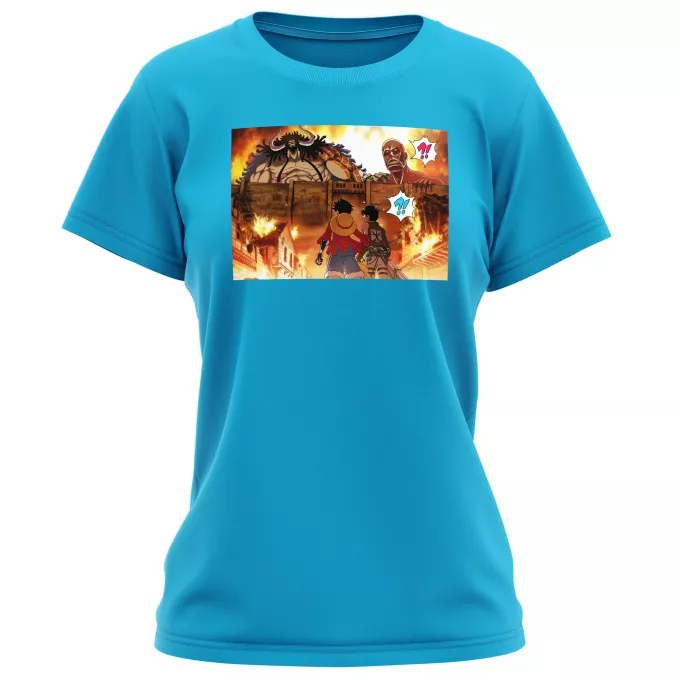 T-shirts Femmes Parodie One Piece Un Combat Titanesque piraté... !! - Luffy, Kaido, Eren Jager, le Titan Colossal