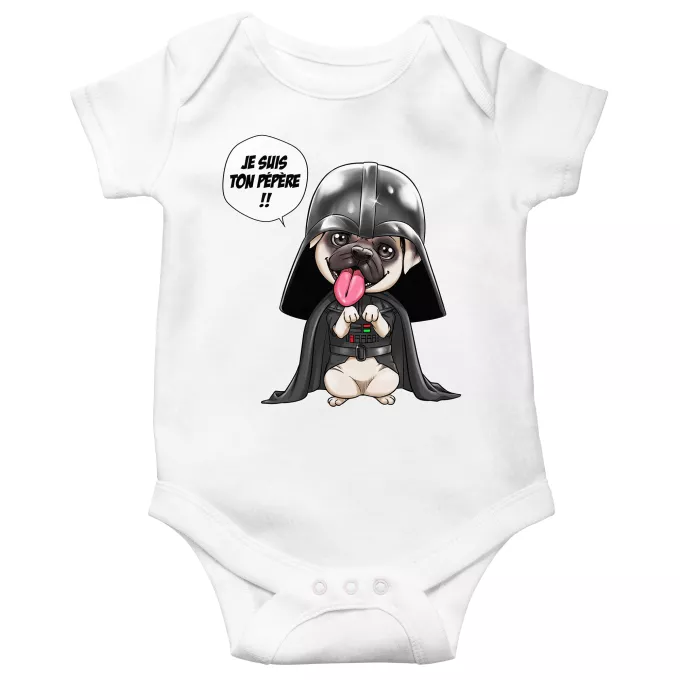 Body bébé manches courtes Parodie Star Wars Je suis ton pépère... !! - Dark Vadog, le Carlin se prenant pour Dark Vador