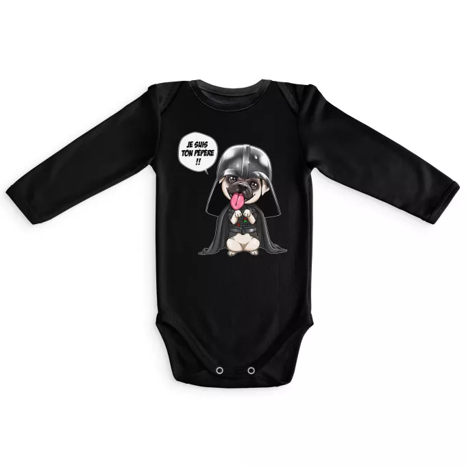 Body bébé manches longues Parodie Star Wars Je suis ton pépère... !! - Dark Vadog, le Carlin se prenant pour Dark Vador