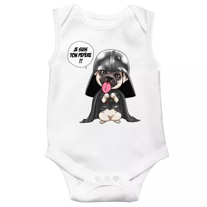 Body bébé sans manches Parodie Star Wars Je suis ton pépère... !! - Dark Vadog, le Carlin se prenant pour Dark Vador