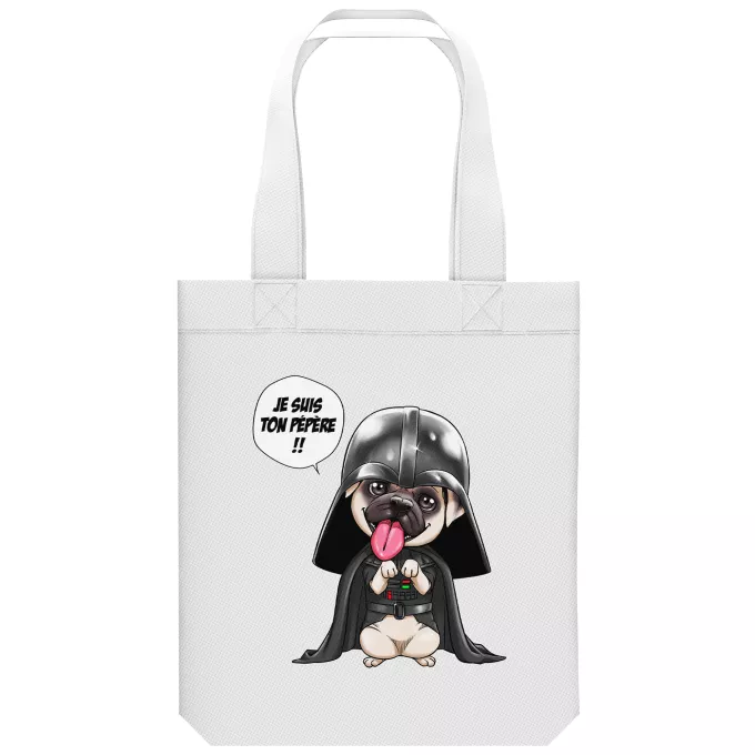 Sac Tote Bag en coton Bio Parodie Star Wars Je suis ton pépère... !! - Dark Vadog, le Carlin se prenant pour Dark Vador