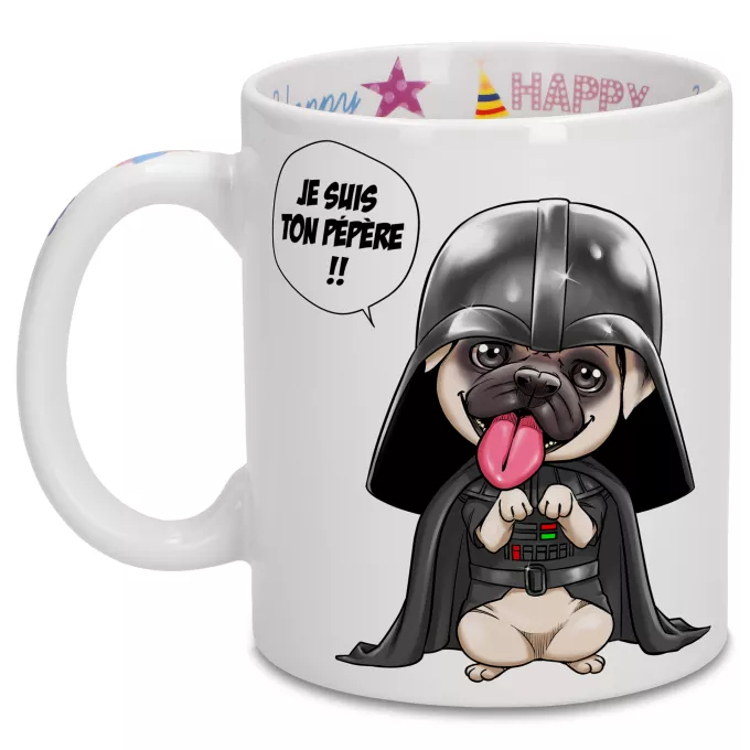Mugs Anniversaire Parodie Star Wars Je suis ton pépère... !! - Dark Vadog, le Carlin se prenant pour Dark Vador
