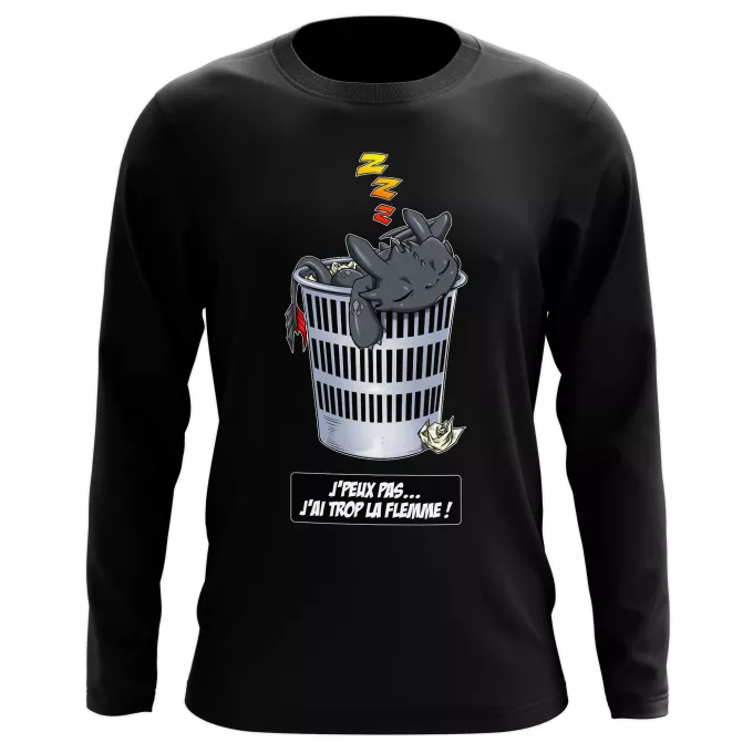 T-Shirts manches longues Parodie Dragons J'peux pas... J'ai trop la flemme ! - Krokmou la Furie Nocturne