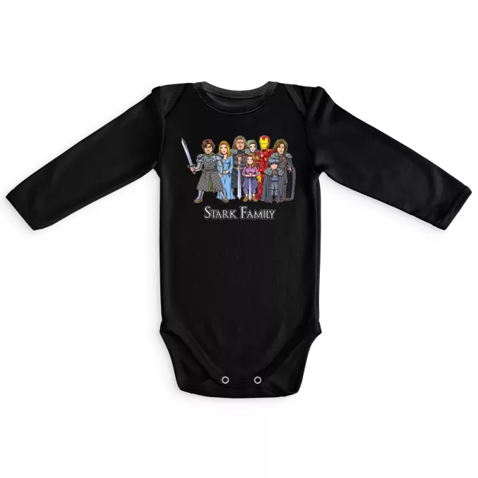 Langärmliges Baby Strampler Parodie auf Game of Thrones Eddard, Catelyn, Robb, Sansa, Arya, Brian, Rickon und Tony Stark