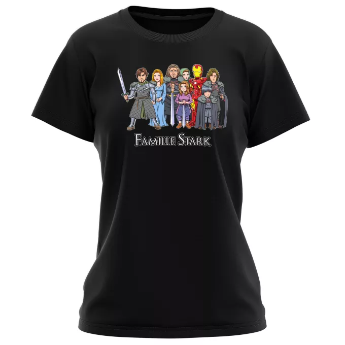 T-shirts Femmes Parodie Iron Man La Famille Stark au complet ! - Eddard, Catelyn, Robb, Sansa, Arya, Brian, Rickon, Tony Stark