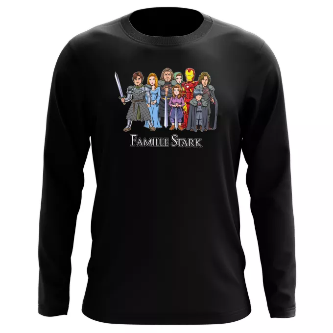 T-Shirts manches longues Parodie Iron Man La Famille Stark au complet ! - Eddard, Catelyn, Robb, Sansa, Arya, Brian, Rickon, Tony Stark