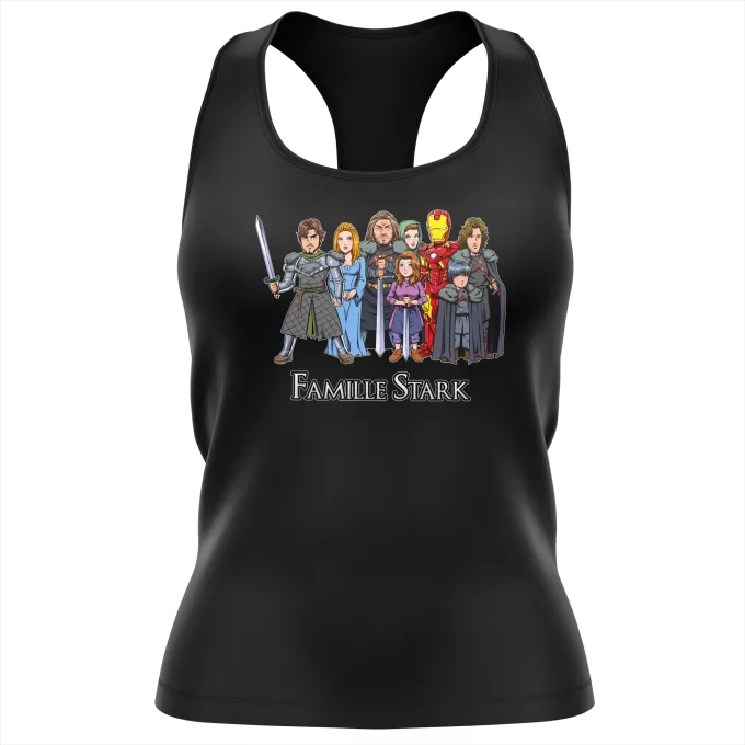 Débardeur Femme Parodie Iron Man La Famille Stark au complet ! - Eddard, Catelyn, Robb, Sansa, Arya, Brian, Rickon, Tony Stark