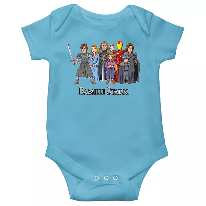 Body bébé manches courtes (garçons) Parodie Iron Man La Famille Stark au complet ! - Eddard, Catelyn, Robb, Sansa, Arya, Brian, Rickon, Tony Stark