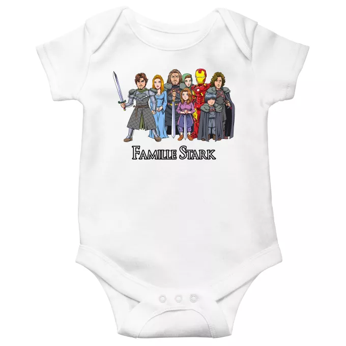Body bébé manches courtes Parodie Iron Man La Famille Stark au complet ! - Eddard, Catelyn, Robb, Sansa, Arya, Brian, Rickon, Tony Stark