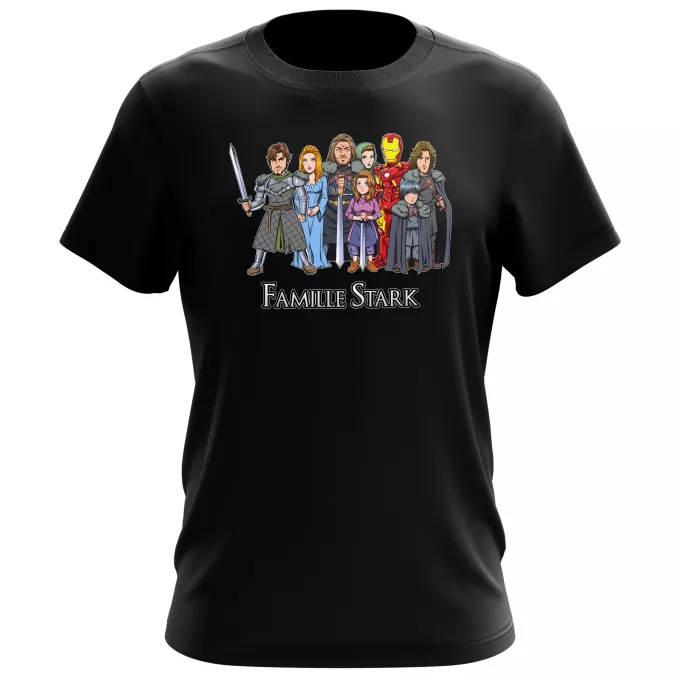 T-shirts Hommes Parodie Iron Man La Famille Stark au complet ! - Eddard, Catelyn, Robb, Sansa, Arya, Brian, Rickon, Tony Stark