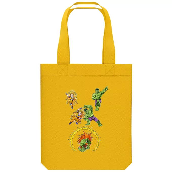 Bolsa (Tote Bag) de algodón orgánico Parodia Dragon Ball Z -DBZ Son Gokū; Hulk y Blanka