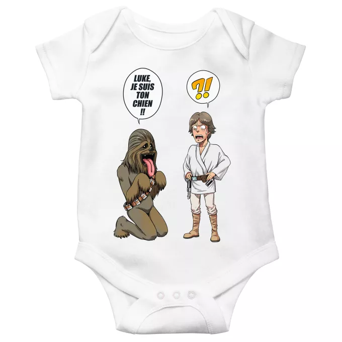 Body bébé manches courtes Parodie Star Wars Luke, je suis ton chien (Epoque 1ère Trilogie) - Luke Skywalker, Chewbacca