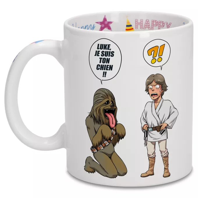 Mugs Anniversaire Parodie Star Wars Luke, je suis ton chien (Epoque 1ère Trilogie) - Luke Skywalker, Chewbacca