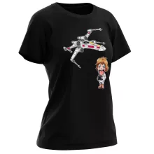 Cartoon SD Luke Skywalker Damen T-shirt “Cartoon SD Luke Skywalker en X-Wing Mini Drone” – Star Wars parodie