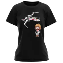Cartoon SD Luke Skywalker Damen T-shirt “Cartoon SD Luke Skywalker en X-Wing Mini Drone” – Star Wars parodie