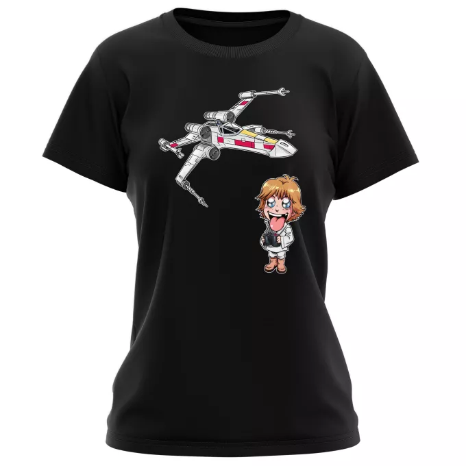 Vrouwen T-Shirts Parodie Star Wars Cartoon SD Luke Skywalker en X-Wing Mini Drone