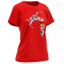Luke Skywalker Women T-shirt “Luke Skywalker SD caricature and his X-Wing Mini Drone” – Star Wars parody