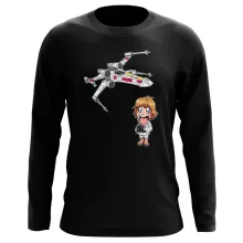 Cartoon SD Luke Skywalker Lange Mouwen T-Shirts “Cartoon SD Luke Skywalker en X-Wing Mini Drone” – Star Wars parodie