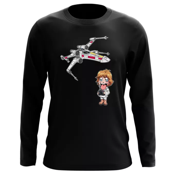 Lange Mouwen T-Shirts Parodie Star Wars Cartoon SD Luke Skywalker en X-Wing Mini Drone