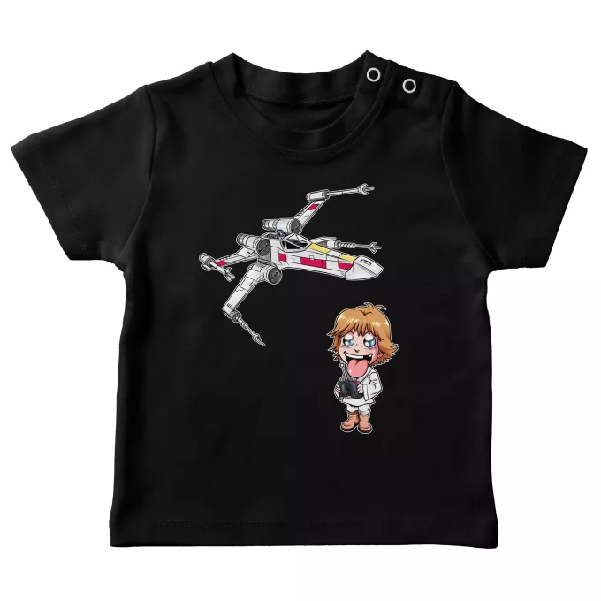 Baby T-shirts Parodie Star Wars Cartoon SD Luke Skywalker en X-Wing Mini Drone