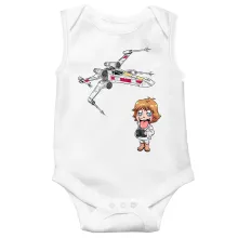 Cartoon SD Luke Skywalker Mouwloos Babyromper “Cartoon SD Luke Skywalker en X-Wing Mini Drone” – Star Wars parodie