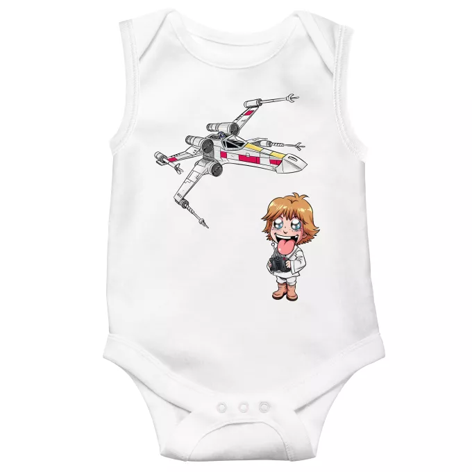 Mouwloos Babyromper Parodie Star Wars Cartoon SD Luke Skywalker en X-Wing Mini Drone