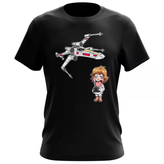 Heren-T-shirts Parodie Star Wars Cartoon SD Luke Skywalker en X-Wing Mini Drone