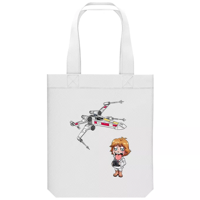 biologisch katoenen draagtas (Tote Bag) Parodie Star Wars Cartoon SD Luke Skywalker en X-Wing Mini Drone
