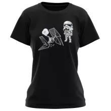 Maglietta da Donna Caricatura SD “Caricatura SD di Stormtrooper e il suo TIE Fighter Mini Drone” – Parodia dei Star Wars