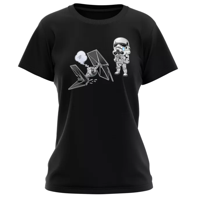 Camisetas Mujer Parodia Star Wars Caricatura SD de Stormtrooper y su TIE Fighter Mini Drone