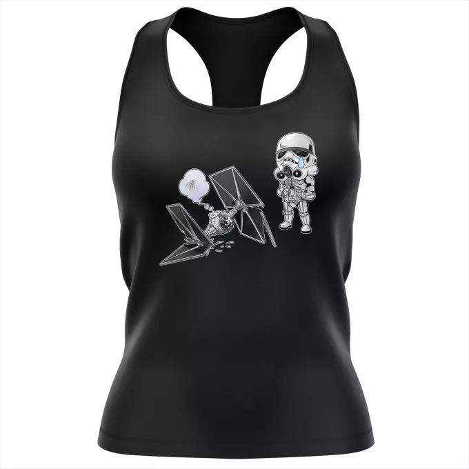 Camiseta Mujer sin mangas Parodia Star Wars Caricatura SD de Stormtrooper y su TIE Fighter Mini Drone