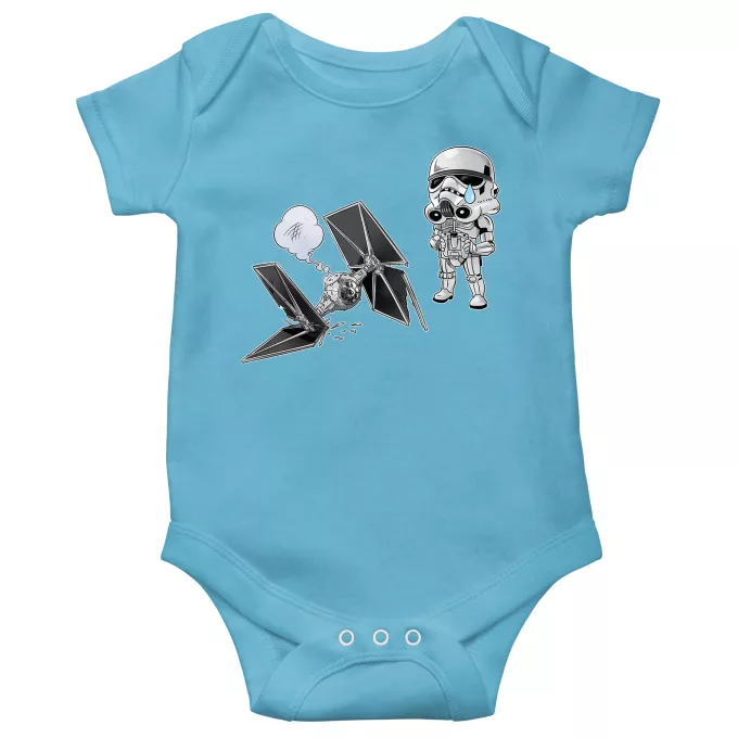 Traje de bebé de manga corta (chicos) Parodia Star Wars Caricatura SD de Stormtrooper y su TIE Fighter Mini Drone