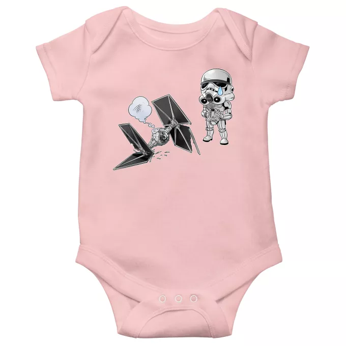Traje de bebé de manga corta (chicas) Parodia Star Wars Caricatura SD de Stormtrooper y su TIE Fighter Mini Drone