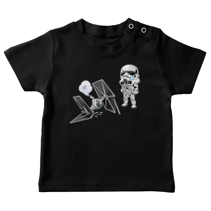 Camisetas bebé Parodia Star Wars Caricatura SD de Stormtrooper y su TIE Fighter Mini Drone