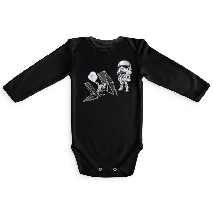Body bebé de manga larga Parodia Star Wars Caricatura SD de Stormtrooper y su TIE Fighter Mini Drone