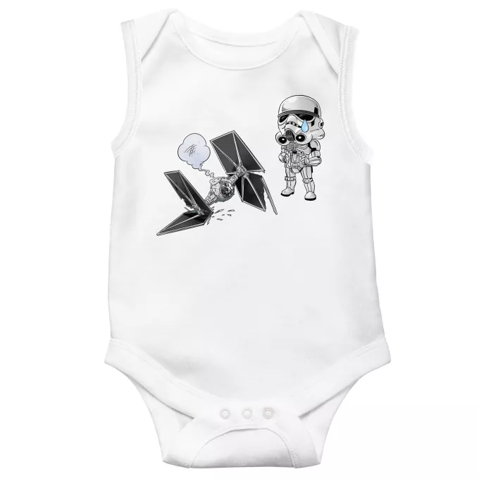 Body de bebé sin mangas Parodia Star Wars Caricatura SD de Stormtrooper y su TIE Fighter Mini Drone