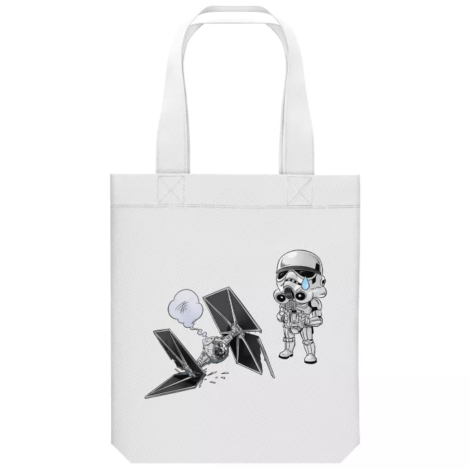 Bolsa (Tote Bag) de algodón orgánico Parodia Star Wars Caricatura SD de Stormtrooper y su TIE Fighter Mini Drone