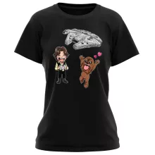 Han Solo Women T-shirt “Han Solo and Chewbacca SD Caricatures and Falcon Millenium Mini Drone” – Star Wars parody