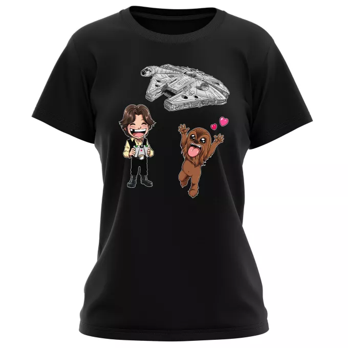 Damen T-shirts Parodie auf Star Wars Han Solo und Chewbacca SD Karikaturen und Das Falcon Millenium Mini Drone