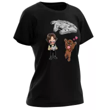 Han Solo Women T-shirt “Han Solo and Chewbacca SD Caricatures and Falcon Millenium Mini Drone” – Star Wars parody