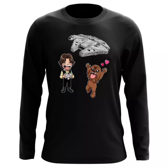 Langarm T-shirts Parodie auf Star Wars Han Solo und Chewbacca SD Karikaturen und Das Falcon Millenium Mini Drone