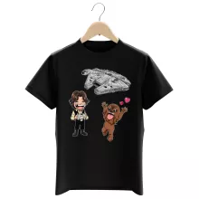 Han Solo Kids T-Shirt “Han Solo and Chewbacca SD Caricatures and Falcon Millenium Mini Drone” – Star Wars parody