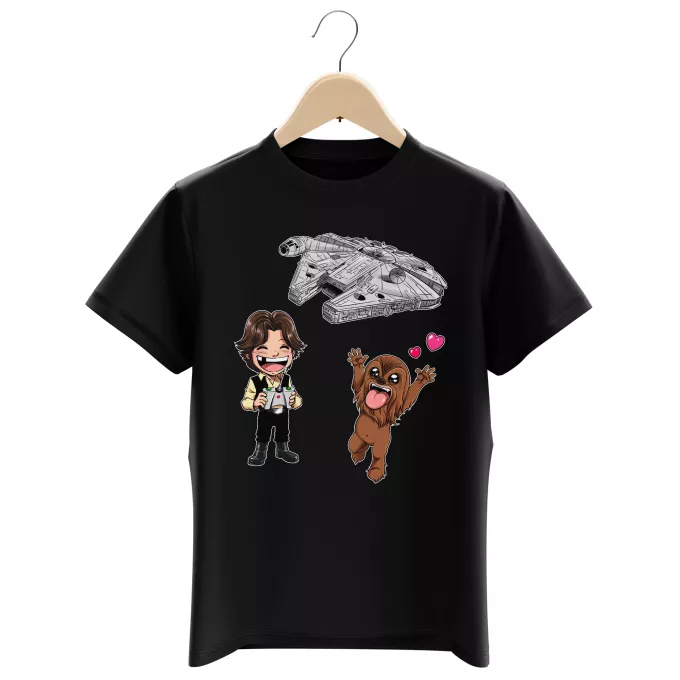 Jungen Kinder T-Shirts Parodie auf Star Wars Han Solo und Chewbacca SD Karikaturen und Das Falcon Millenium Mini Drone