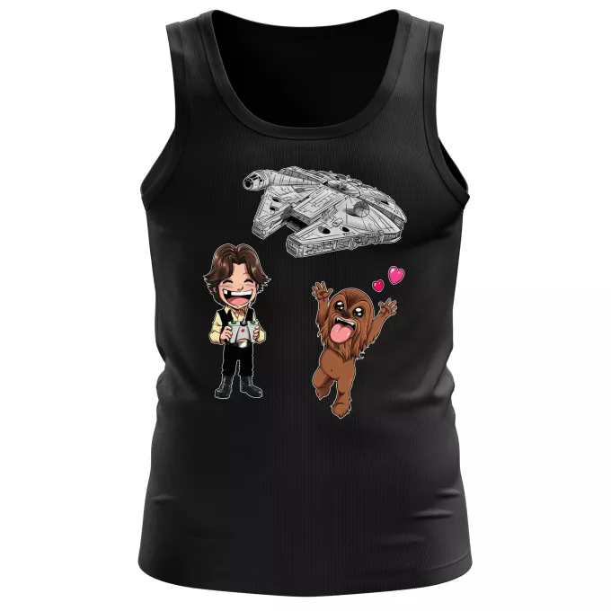 Herren Tank Top Parodie auf Star Wars Han Solo und Chewbacca SD Karikaturen und Das Falcon Millenium Mini Drone