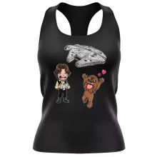 Canotta da Donna Caricature SD “Caricature SD di Han Solo e Chewbacca e il Falcon Millenium Mini Drone” – Parodia dei Star Wars