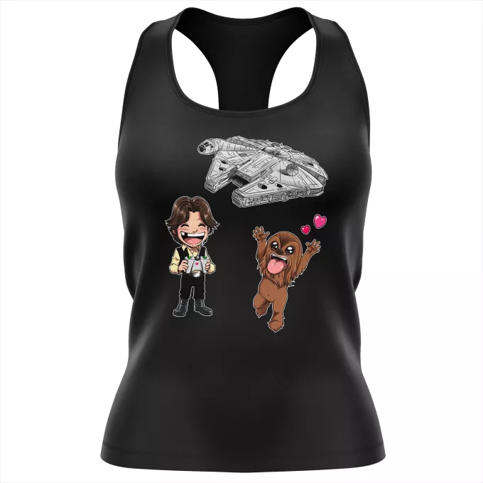 Damen T-shirt Tank top Parodie auf Star Wars Han Solo und Chewbacca SD Karikaturen und Das Falcon Millenium Mini Drone